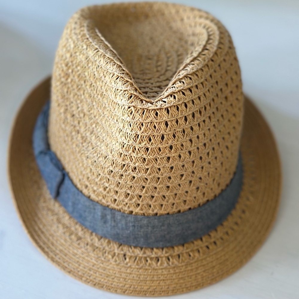 Tan and Blue Straw Fedora Hat for Summer
